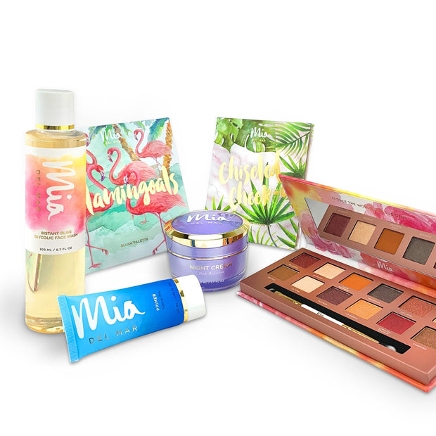 The Complete Mia Experience includes Overnight Miracle Glow Night cream, instant bliss glycolic face wash, Marvelous Silicone-Free primer, Contour highlight kit, flamingoals blush palette & 1 eyeshadow palette (cafecito, noverela, life is a fiesta) 